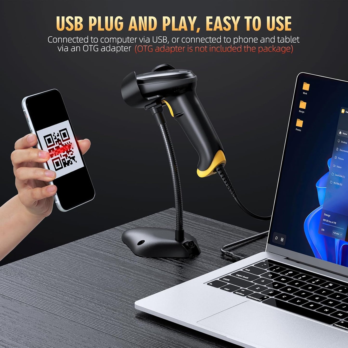 TEEMI 2D Barcode Scanner USB Wired Virtual COM Handheld Automatic QR Data Matrix PDF417 Maxi IMB bar Codes Imager Global Shutter Computer Screen Scan for Windows Mac and Linux PC POS, No Stand