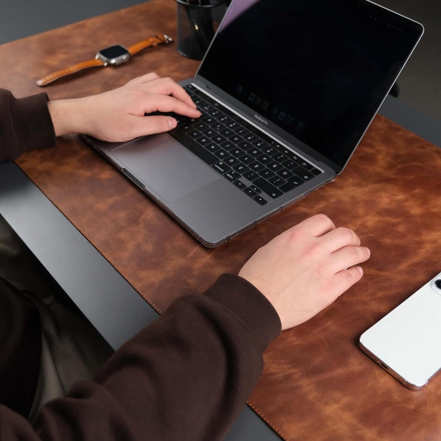 Jersey Genuine Calfskin Leather Desk Pad, Office Desk Mat with Non-Slip Bottom, Smooth Surface for Mouse & Keyboard, Desk Protector (14.6x31.5 inches) (Antic Tan)