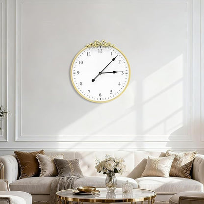 Large Vintage Gold Wall Clock, 20inch Decorative Round Wall Clocks with Bow Decor for Living Room, Retro Metal Battery Operated Clocks for Bedroom, Dining Room,Office