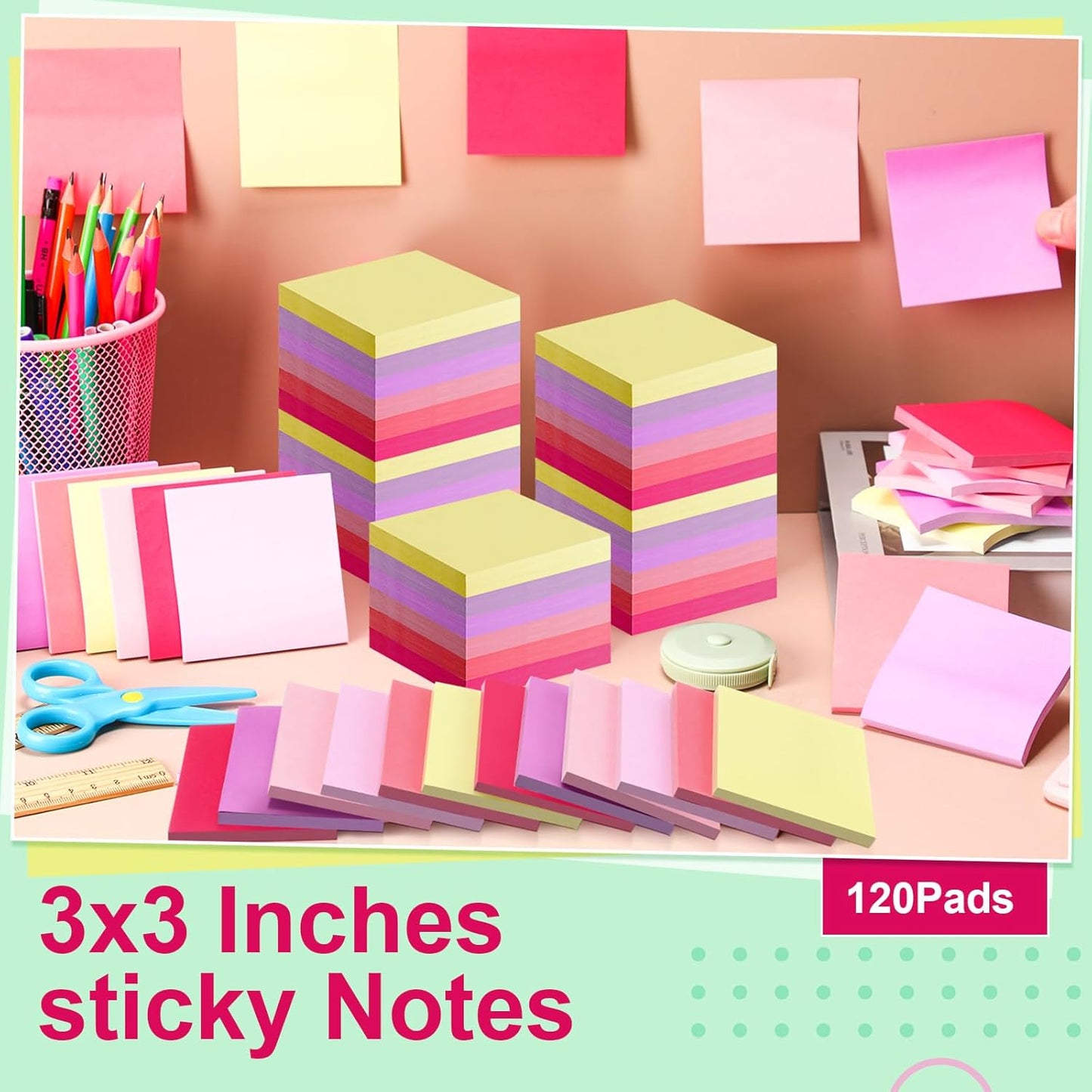 Fainne 120 Pack Sticky Notes Bulk Back to School Supplies Self Stick Note Pads Paper Memo for Office First Day of School Student Teacher Essentials (3x3 Inch,Vivid Color)