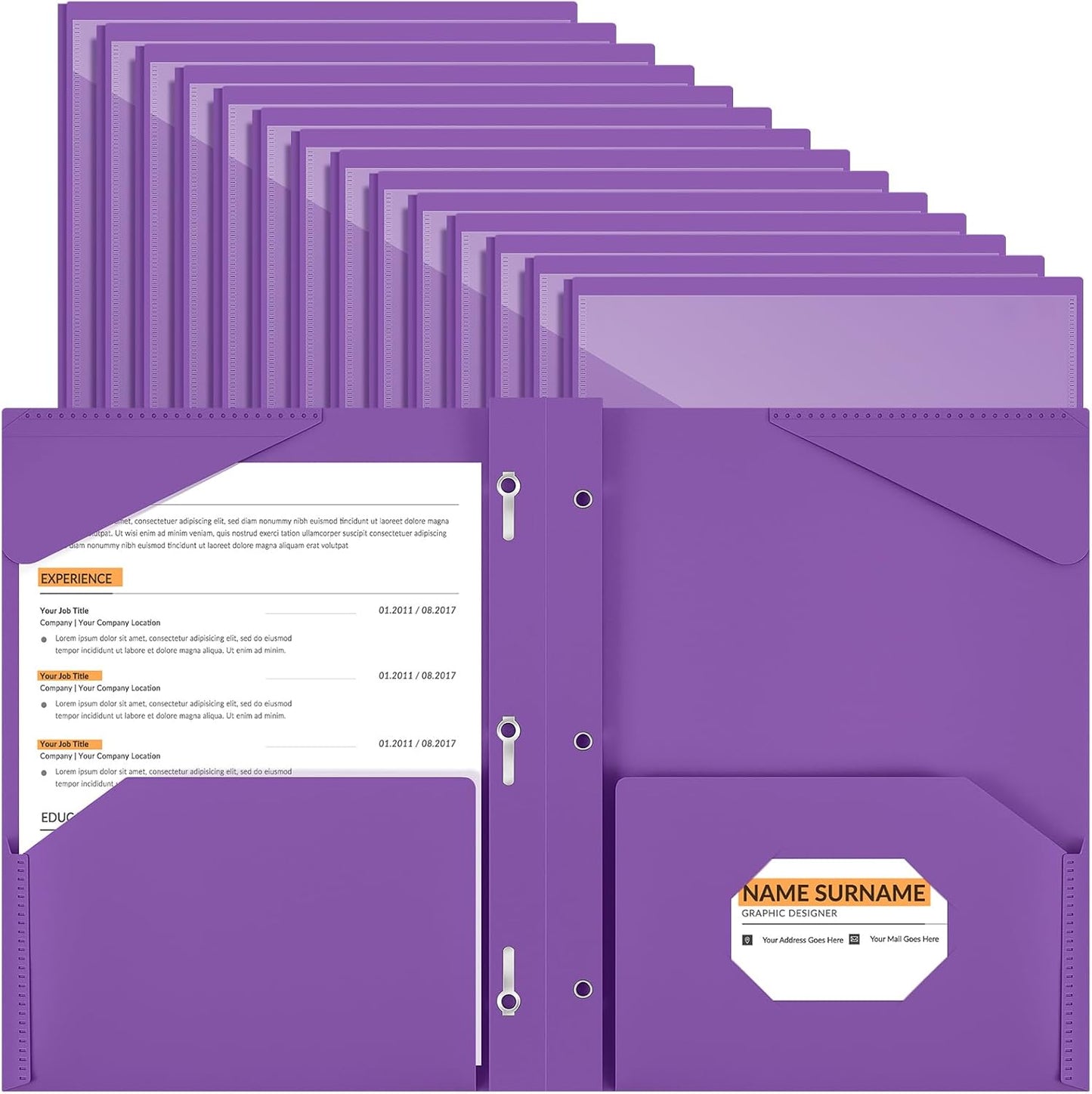 Henoyso 36 Pcs Plastic Folder with Clear Front Pocket and 3 Prong Plastic Folders with Card Slot Pocket Folders with Prongs for School Office (Purple)