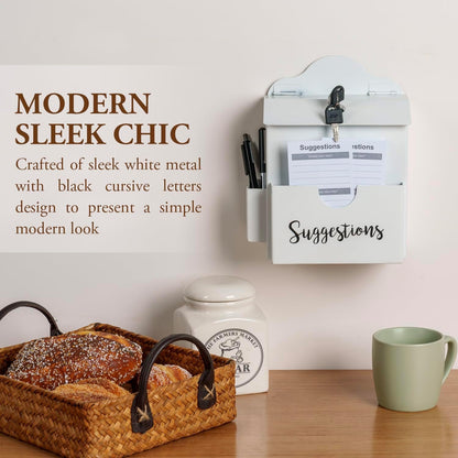 MyGift Classic White Metal Suggestion Box with Cursive Suggestions Lettering, Wall Mounted or Tabletop Comment Box with Lock, Keys, Paper Sheet and Pen Holder Slots