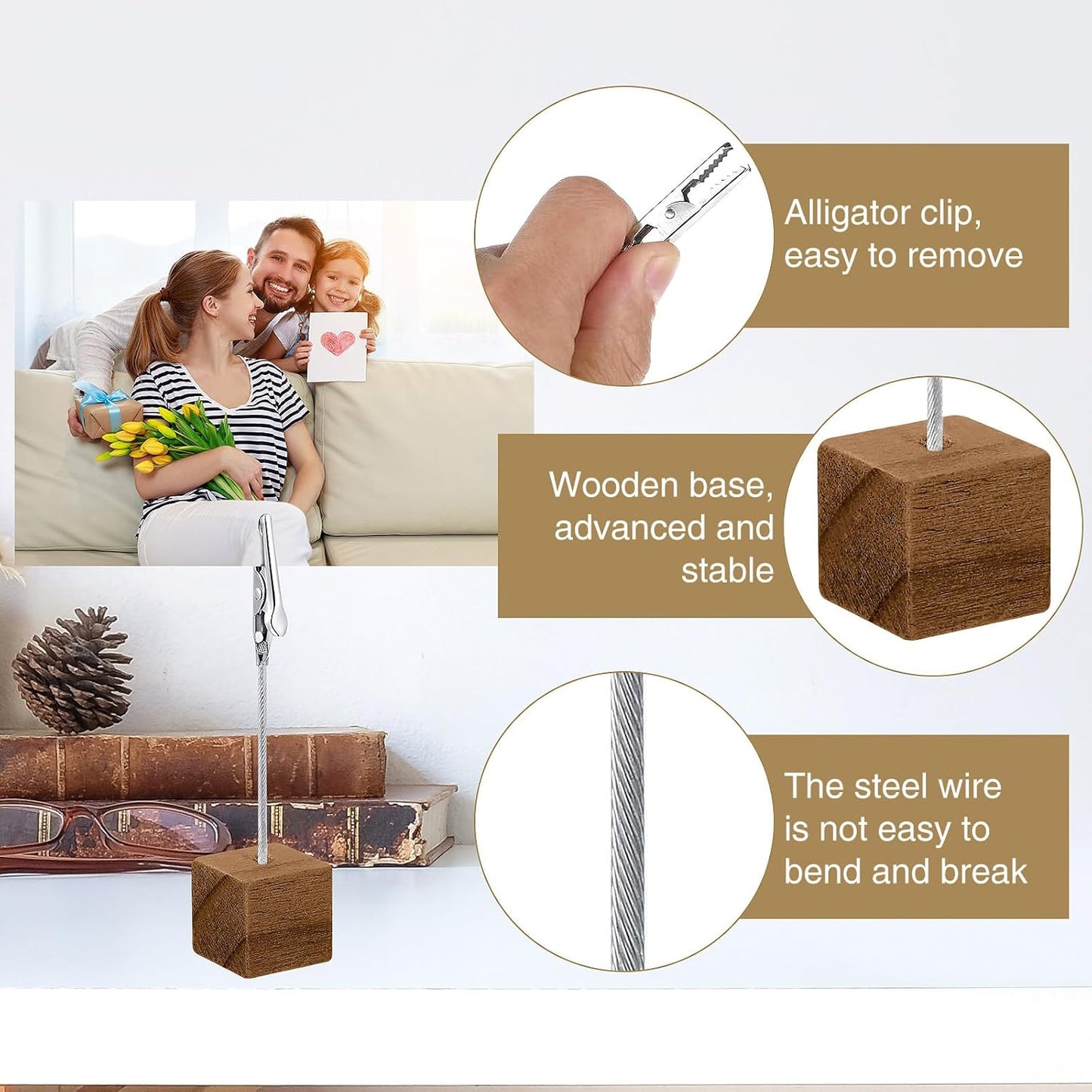 24 Pcs Cube Base Memo Clip Holder Lightweight Wood Cube with Alligator Clasp for Displaying Pictures Number Menu Name Card Wedding Party Meeting