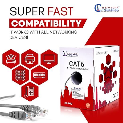 NewYork Cables CAT6 Plenum Cable 1000ft | 100% Solid Bare Copper, UTP, 550MHz, 23AWG, 4Pair 10GB Ethernet Cable, Certified CMP-Rated Bulk Cat 6 Cable for Networking & Gaming (1000ft, Pure Copper,Grey)