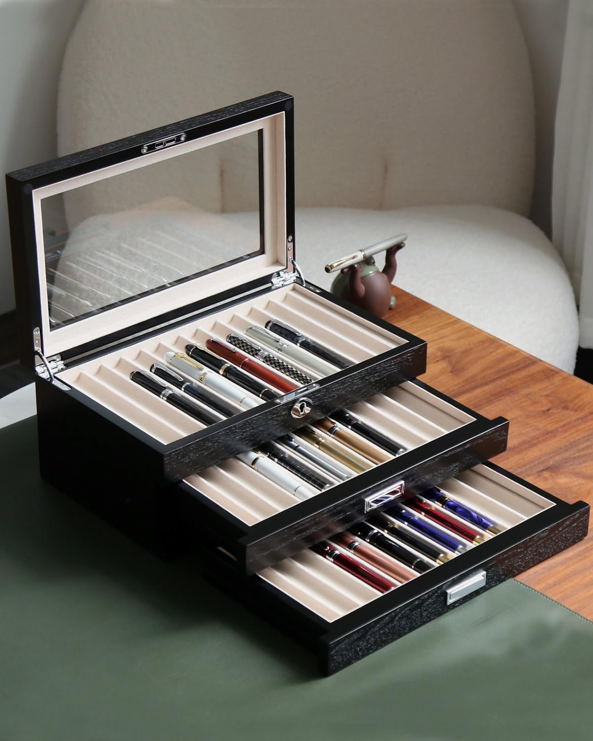 Pen Display Case with 36 Pen Slots, Fountain Pen Case, Wood Pen Storage Organizer, Pen Box Display for Men Gift, Pen Collector with Glass Window(Black ash Veneer Finish, Creamy-White Velvet)