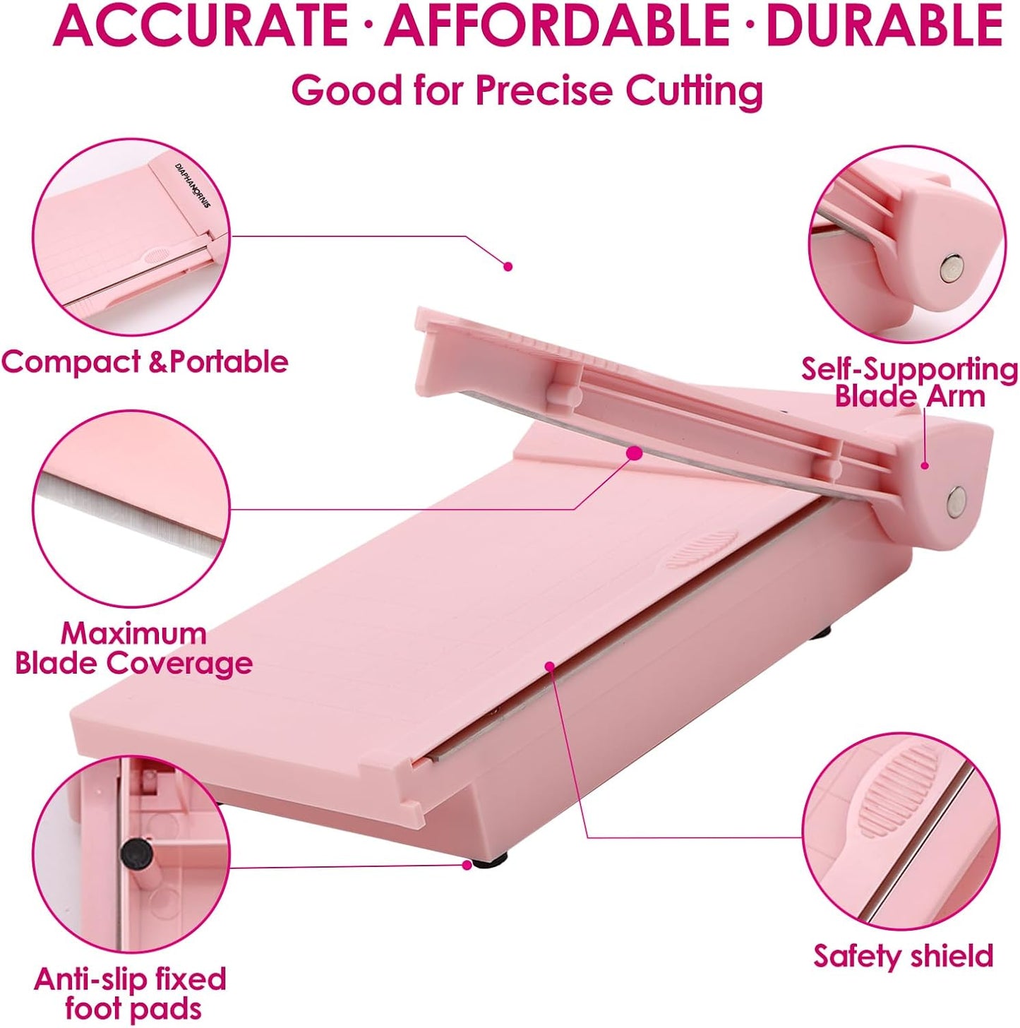 Guillotine Paper Trimmer, Mini Compact Paper Cutter, 1/4-Inch Grid for Precision Cutting, Straight Cuts Up to 3 Sheets, Perfect for Photos,Coupons,Card Making and Small Craft Projects (Pink)