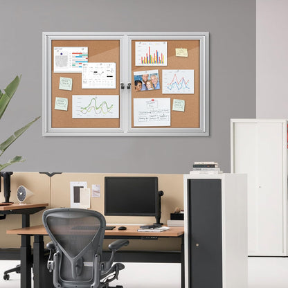 48"x30" Enclosed Bulletin Board, Outdoor Lockable Weather-Resistant Aluminum Cork Noticeboard for School & Office, Silver Frame w/Cork