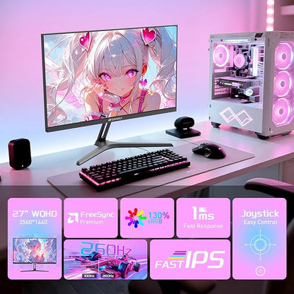 SANSUI Gaming Monitor 27" 1440p 260hz/240hz WQHD 2K - Fast IPS 1ms FreeSync Premium 丨DCI-P3 98% 丨sRGB130% 丨HDR10 丨2×DisplayPort 1.4丨2×HDMI2.0 PC Gaming Monitor with Crosshair