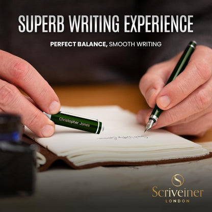 Scriveiner Personalized British Racing Green Pen - Stunning Green Lacquer Luxury Pen w/Chrome Finish, German Schmidt Nib (Medium), Best Engraved Fountain Pen Gift Set for Men & Women, Name Engraving