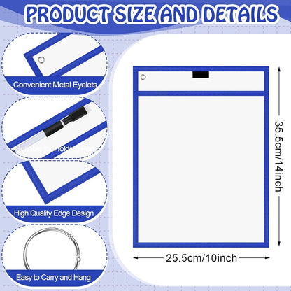 Teling 150 Pcs Dry Erase Pockets Bulk Reusable Job Ticket Holders Clear Plastic Sleeve Protector Work Order Sleeve Shop Ticket Holder for Welcome Teacher Back Office Supplies(10 x 14'',Black Blue)