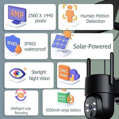 4G LTE Outdoor Security Camera, 2K PTZ Solar Powered Surveillance Cam with SIM Card, PIR+Smart Motion Tracking, 360° Pan Tilt, Night Vision, Two-Way Audio, IP65 for Home/Jobsite/Farm