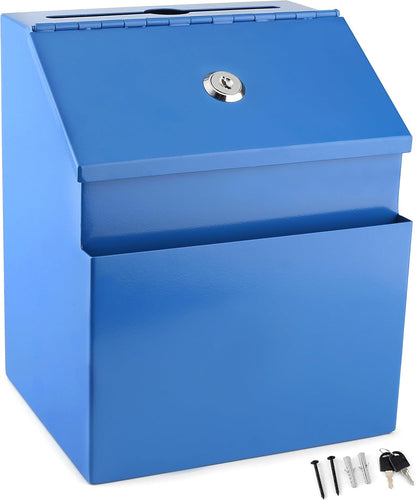 Suggestion Box with Lock and keys, Metal Wall Mounted Ballot Box, Iron steel Donation and Collection Drop Box 8.5" H x 6" W x 7" L with wide 5.5" Slot and front sheet holder (Blue)