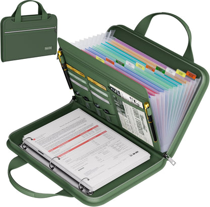 Fireproof Accordion File Organizer with Handle, 13 Pocket Expanding File Folder with Zipper & Labels, File Folder with 3 Ring Binder, Multi Pockets Paper Organizer Folder for Letter A4 Files (Green)