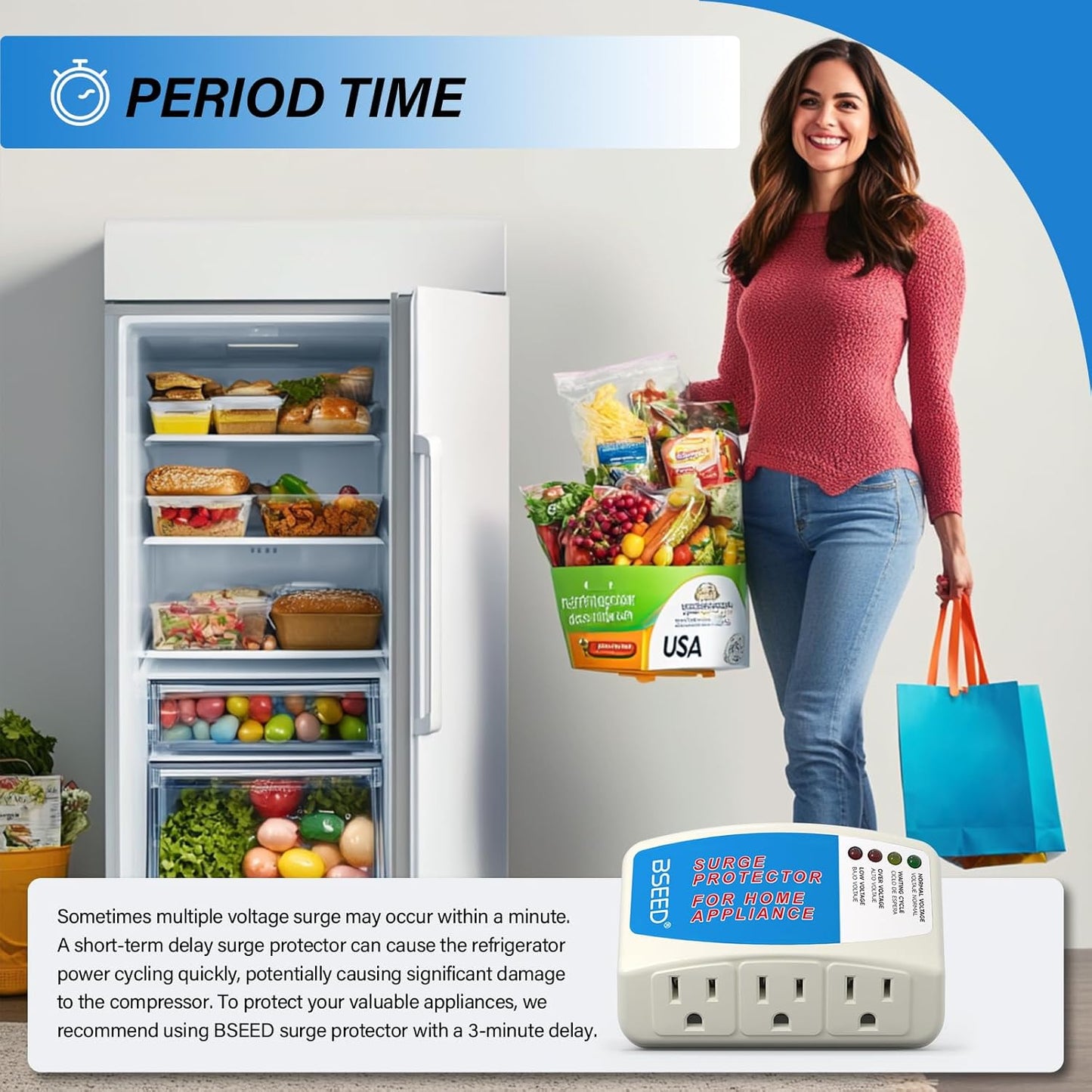 BSEED Surge Protector for Home Appliance 3 Outlet Surge Protector for Refrigerator Voltage Protector for TV, PC, PS5, Air-Conditioning and Other Valuable Household Electronic 125V, 1875W, 4 Pack