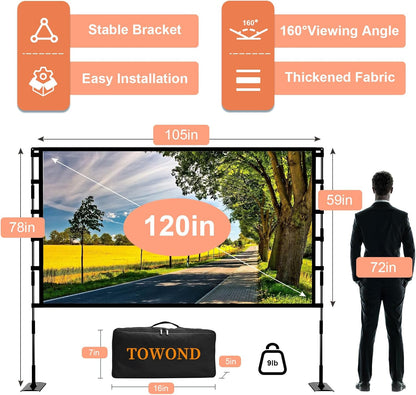 TOWOND Projector Screen and Stand, 120 inch Outdoor Projector Screen Indoor, Portable Movie Screen 16:9 4K Front Rear Projection Screen with Carry Bag Wrinkle-Free Design for Home Backyard Theater
