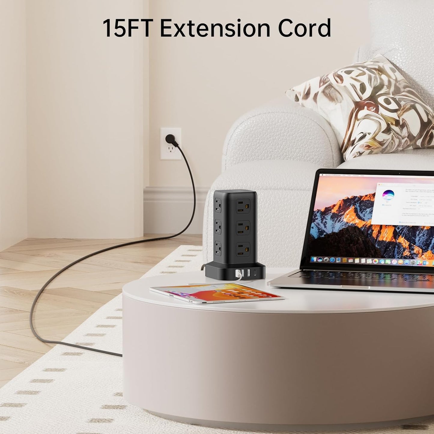 PD20W Surge Protector Power Strip Tower, 15FT Extension Cord with Multiple Outlets, 12 AC 4 USB (1 USB C)，Mini Power Strip with USB Ports, Surge Protector Tower Overload Protection for Office, Desk