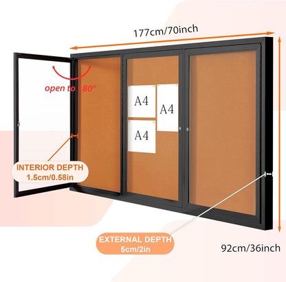 Enclosed Bulletin Board Outdoor Noticeboard with Locking Door, Weather-Resistant, Cork, Black Aluminum Frame, 70 x 36 in