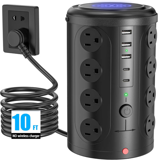 Power Strip Surge Protector Tower with 16 Outlets and 5 USB Ports (2 USB-C), 10ft Extension Cord, 45° Flat Plug, Charging Station for Home, Office, Dorm Room Essentials (Black)