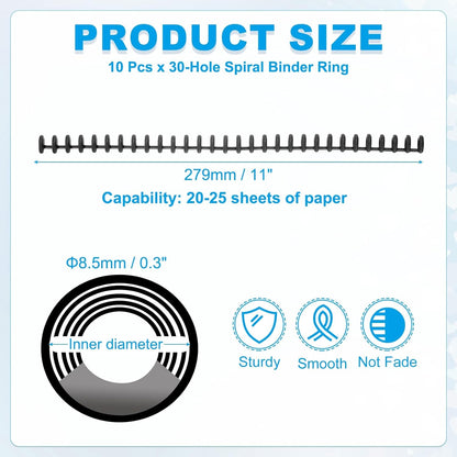 PATIKIL 8.5mm(0.3") Spiral Binder Ring,10 Pcs 30 Rings 25 Sheet Capacity Comb Binding Spines for Binding Paper Sheets Notebook Calendar Picture Album, Black