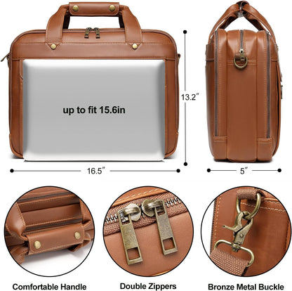 Leather Briefcases for Men 15.6 Inch Laptop Messenger Bag with Triple Compartments Water-Resistant Computer Shoulder Bag for Business, Travel, Work, Office, Coffee