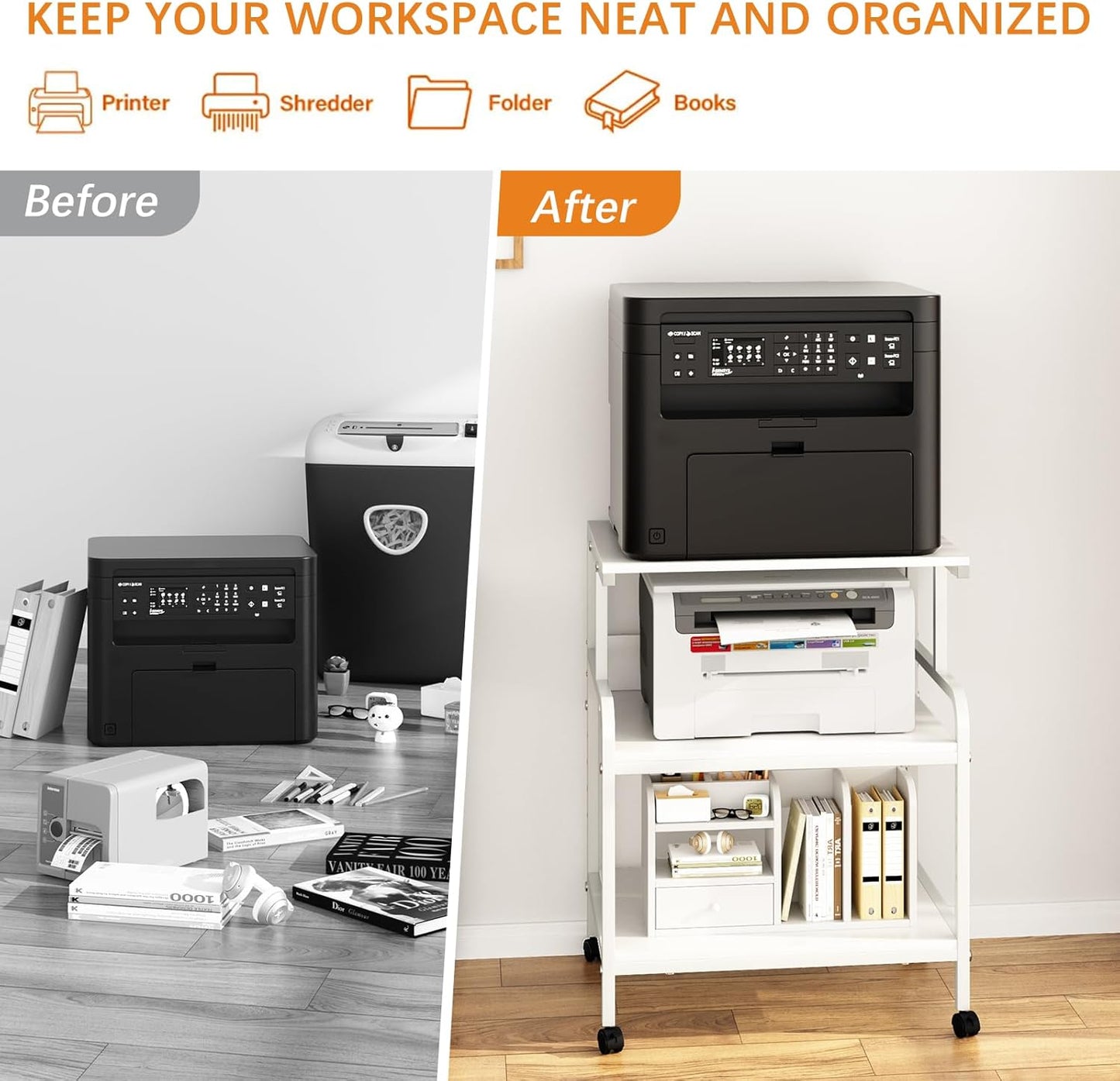 Large Printer Stand with Storage Shelf, 23.6" W x 18.9" D Printer Cart with Wheels, 3 Tier Mobile Printer Table for Home Office,Stands for Heat Press Scanner Fax (White)