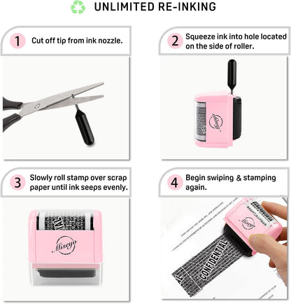 Miseyo Identity Theft Protection Roller Stamp Set - Pink (6 Refill Ink Incleded)