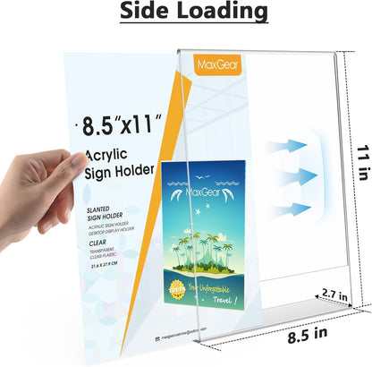 MaxGear Acrylic Sign Holder, Clear Sign Holders Plastic Display Stand 8.5 x 11 Inches Slant Back Countertop Display Picture Frames for Menus, Flyer, Use In Office, Store, 5 Pack