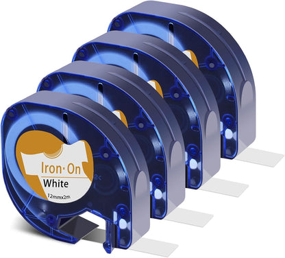 4PK Iron-on Fabric Labels Compatible for Dymo LetraTag Refill 18771 Black on White for Clothing Tape for Letra Tag Label Maker 200B LT-100H LT-110T, 12mm x 4m