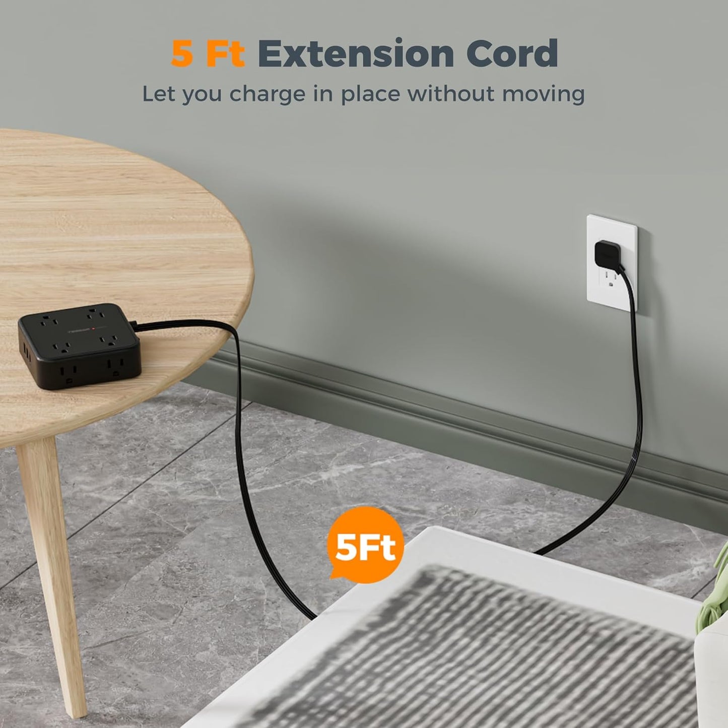 Surge Protector Flat Plug Power Strip, TESSAN Black Extension Cord, 8 AC Outlets, 3 USB Charger(1 USB C Port) 3 Side Outlet Extender, 5 Ft, 900 Joules Protection, Office Supplies, Dorm Essentials