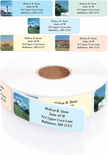 Scenic America Assorted Designer Rolled Address Labels with Elegant Plastic Dispenser