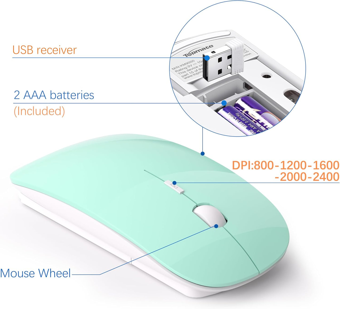 Wireless Keyboard and Mouse Ultra Slim Combo, TopMate 2.4G Silent Compact USB 2400DPI Mouse and Scissor Switch Keyboard Set with Cover, 2 AA and 2 AAA Batteries, for PC/Laptop/Windows/Mac - Mint Green