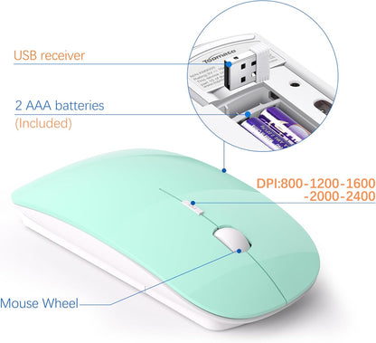Wireless Keyboard and Mouse Ultra Slim Combo, TopMate 2.4G Silent Compact USB 2400DPI Mouse and Scissor Switch Keyboard Set with Cover, 2 AA and 2 AAA Batteries, for PC/Laptop/Windows/Mac - Mint Green