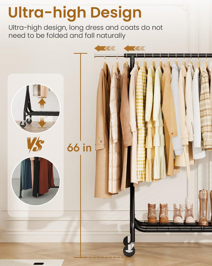 Heavy Duty Clothes Rack, Metal Clothing Rack Load 450 LBS, Rolling Coat Racks for Hanging Clothes with Lockable Wheels, Wardrobe Closet Garment Racks for Bedroom, Black