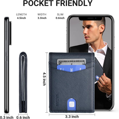 VATAN Wallet for Men, Mens Minimalist Wallet Credit Card Holder, Slim Leather Rfid 2 ID Window Large Capacity With Gift Box (Cross Grain Deep Blue)