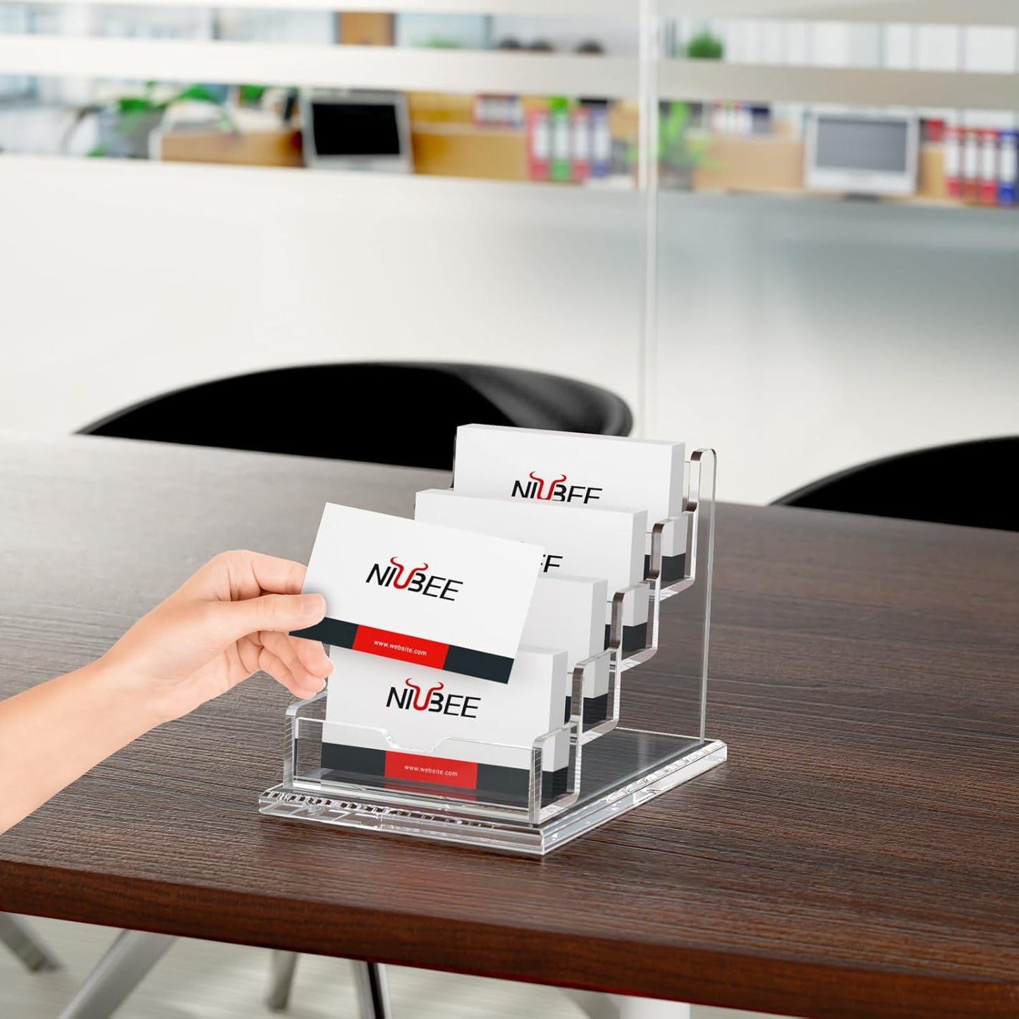 NIUBEE Clear Business Cards Holders 4 Tier Acrylic Card Holder for Business Cards, 4 Slots Business Card Display for Desk Counter, 300 Card Capacity, 1 Pack