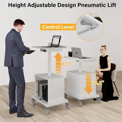 Natwind Mobile Workstation, Rolling Laptop Cart with Large Surface & Pneumatic Height Adjustable Design, for Medical Hospital Clinics, Office Presentation, Teachers Podium, with Drawer & Open Cabinet