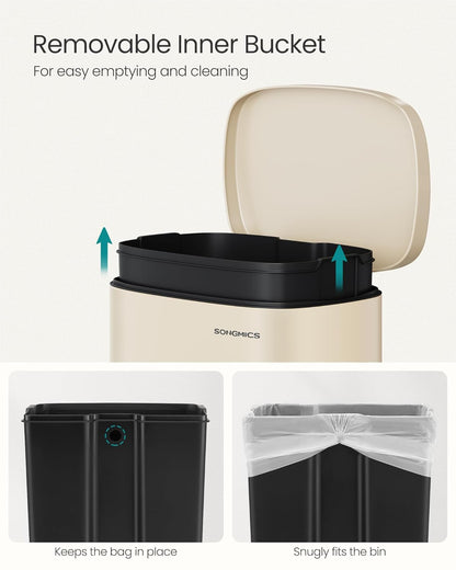 SONGMICS 13 Gallon (50 L) Trash Can, Stainless Steel Kitchen Garbage Can, Recycling or Waste Bin, Soft Close, Step-On Pedal, Removable Inner Bucket, Sand Beige ULTB050A01