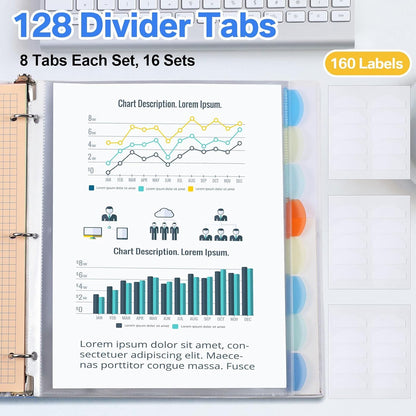 ReliThick 16 Set of 128 Pack Clear Binder Sheet Protectors with Tabs for 3 Ring Binder 8 Tab Binder Dividers with Pockets and Tabs Plastic Page Protector Insertable Index Divider, 8.5 x 11 Inch