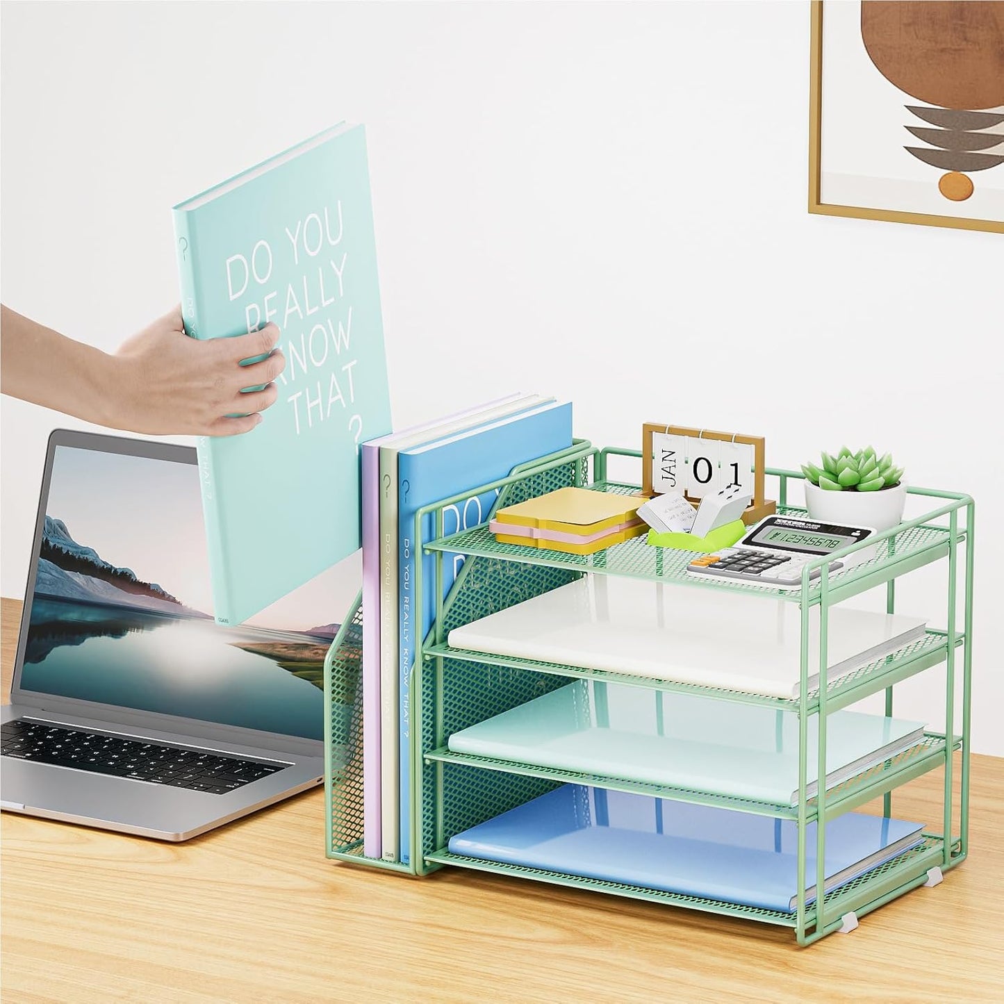 Marbrasse Desk Organizer and Accessories，4-Tier Paper Letter Tray Organizer with File Holder，Desk Accessories & Workspace Desktop Organizers for School Home Office Supplies (Green)
