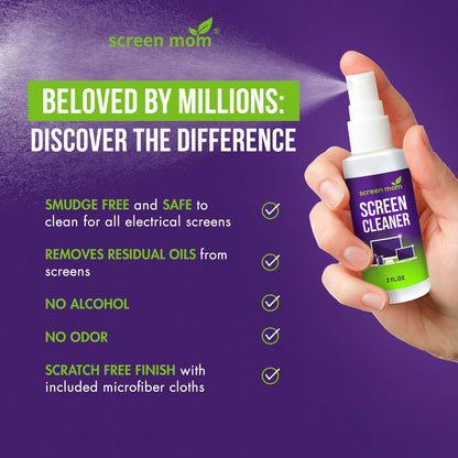Screen Cleaner Spray and 2 Microfiber Cloths - 2oz Bottle by Screen Mom-Screen Cleaner Spray and Wipe for TV, Computer, Phone, iPad, Car Screen Cleaning Kit Electronic Cleaner Spray