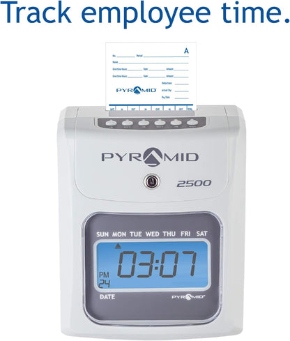 Pyramid Time Systems - Model 2500 Auto Aligning and Top Loading Time Clock [2500K1] Bundle Includes: Time Clock, 100 Time Cards, 2 Ink Ribbon cartridges, one 10 slot time card rack and 2 Security Keys