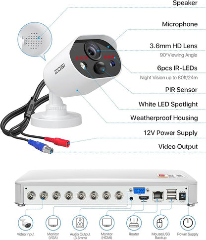 ZOSI C303 8CH Home Security Camera System with Audio, Person Vehicle Detection, Night Vision, Light & Sound Siren, 8pcs 1080P Outdoor Cameras, 8CH 3K Lite H.265+ DVR with 1TB SSD for 24/7 Recording