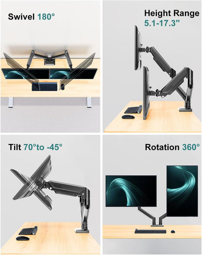 Dual Monitor Desk Mount - Adjustable Monitor Arm for 2 Monitors up to 32 inches/19.8 lbs, Double Monitor Desk Stand VESA Bracket with C-Clamp & Grommet Mounting, Swivel Computer Screen Mount, Freelift