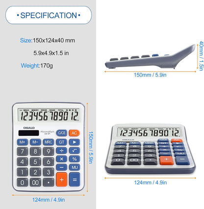 Desktop Calculator Large LCD Display 12 Digit Number Handheld Portable Pocket Basic Calculator with Big Soft Sensitive Button, Battery and Solar Powered, for Office Home School Use(OS-6M)