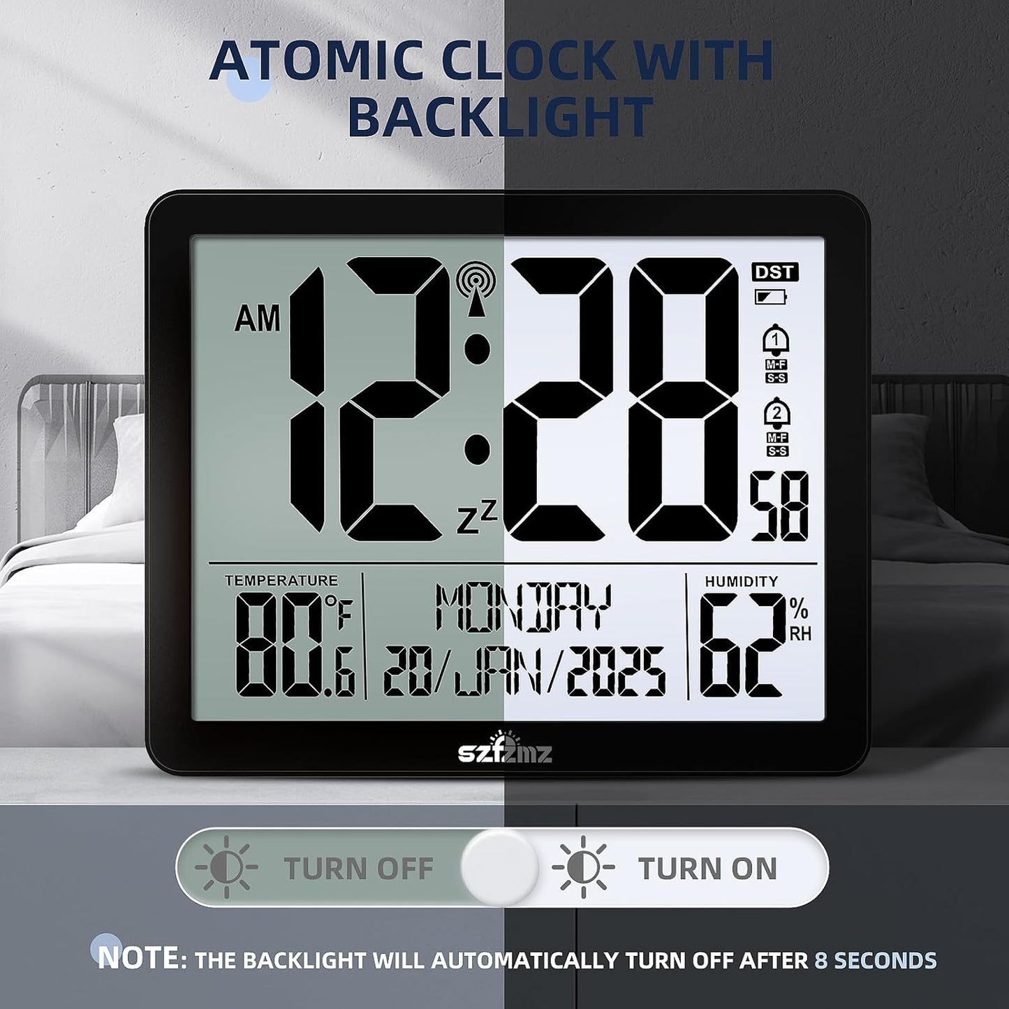 Atomic Digital Wall Clock Battery Operated with Backlight, Desk Clocks with Indoor Temperature & Humidity, 8.5" Small Alarm Clock with Date and Day of Week for Bedrooms, Living Room, Auto DST, Black