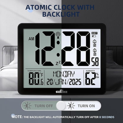 Atomic Digital Wall Clock Battery Operated with Backlight, Desk Clocks with Indoor Temperature & Humidity, 8.5" Small Alarm Clock with Date and Day of Week for Bedrooms, Living Room, Auto DST, Black