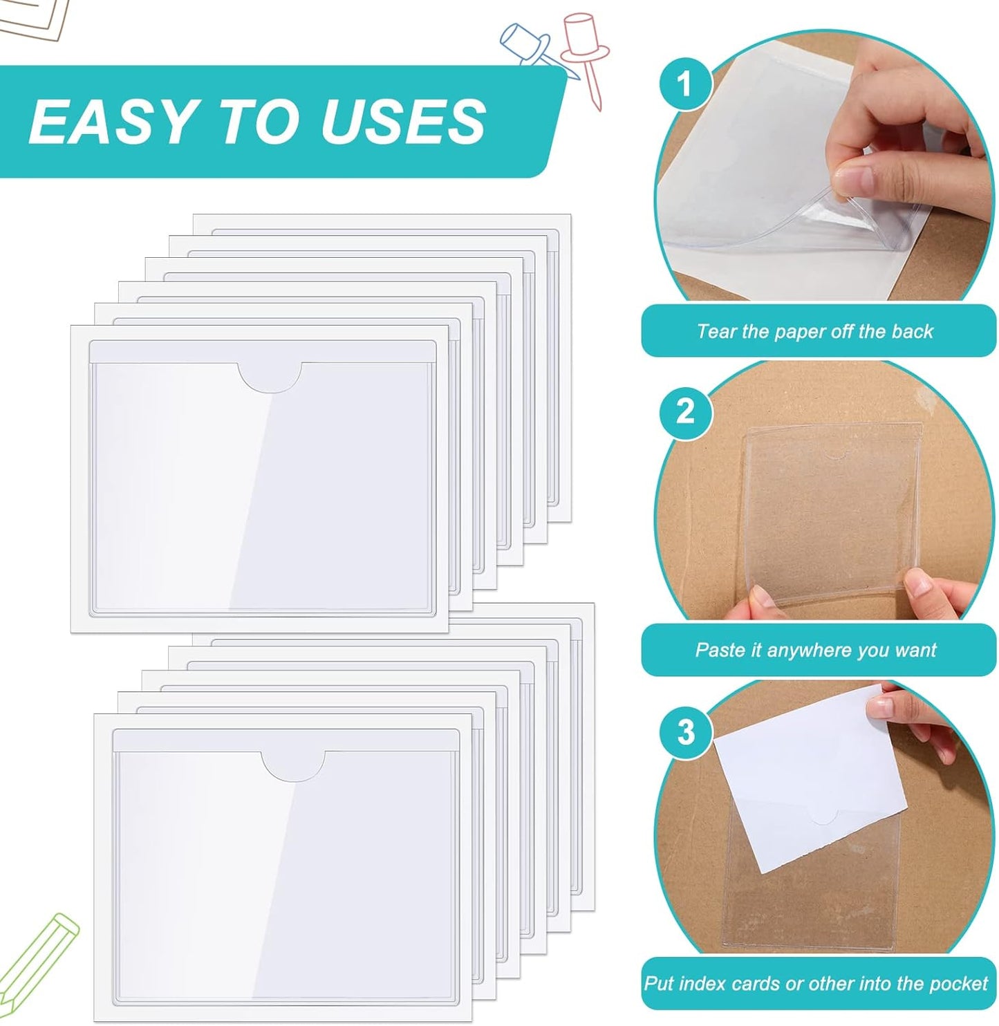 Outus 500 Pack Self Adhesive Index Card Holder Clear Plastic Label Pockets with Top Open for Loading Sticky Business Card Sleeves for Storage Bins Library Organizing Photo Protecting(3.6 x 4.8 Inch)