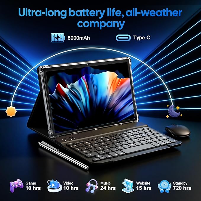 10 Inch Android 15 Tablet with Keyboard, 26GB RAM+256GB ROM(2TB Expand), 2-in-1 Tablet with 8000mAh Battery, 2.4G/5G WiFi, Widevine L1, Dual Camera, Split Screen, Mouse, Stylus, Case(Black Case)