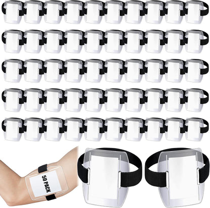 Meanplan 50 Pcs Arm Badge Holder Armband ID Badge Holder Bulk Visibility PVC with Adjustable Belt Elastic Armband Clear Name Tag for Work Pass, Postcards, Universal Size(Black)