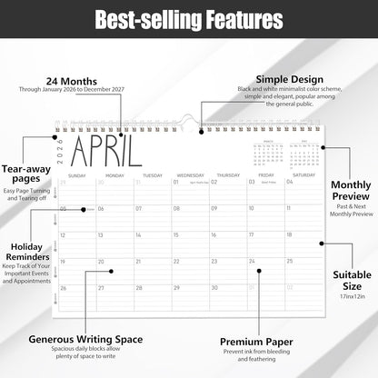 GuassLee Wall Calendar 2026, 24-Month Desk/Wall Calendar from Jan. 2026 to Dec. 2027,17" X 12" Desktop Hanging Monthly Planner with Thick Paper Spiral Bound for Easy Organizing